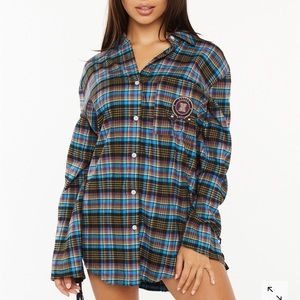 Savage X Fenty Tied Up Tartan PJ Raw Hem Sleep Shirt XS